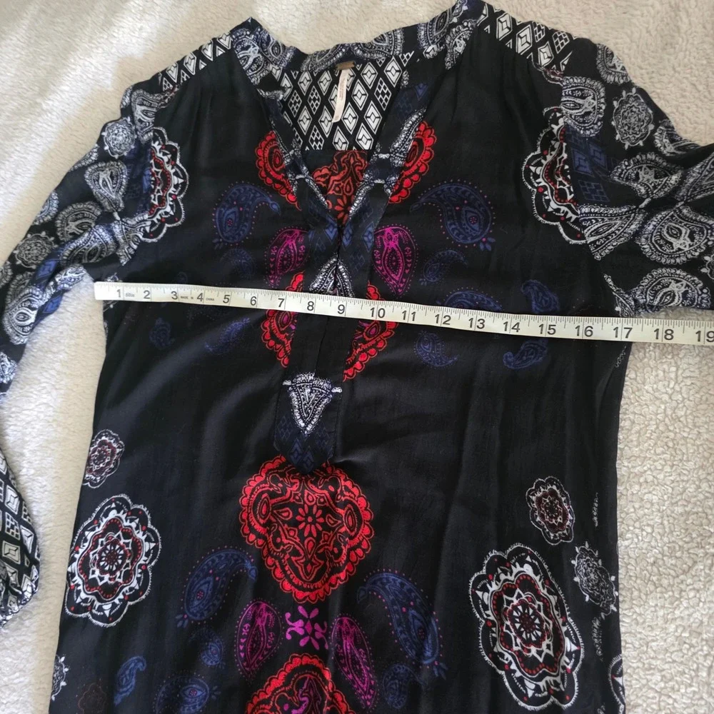 Free People Mixed Print Boho Tunic Dress Black Red Paisley High Low XS